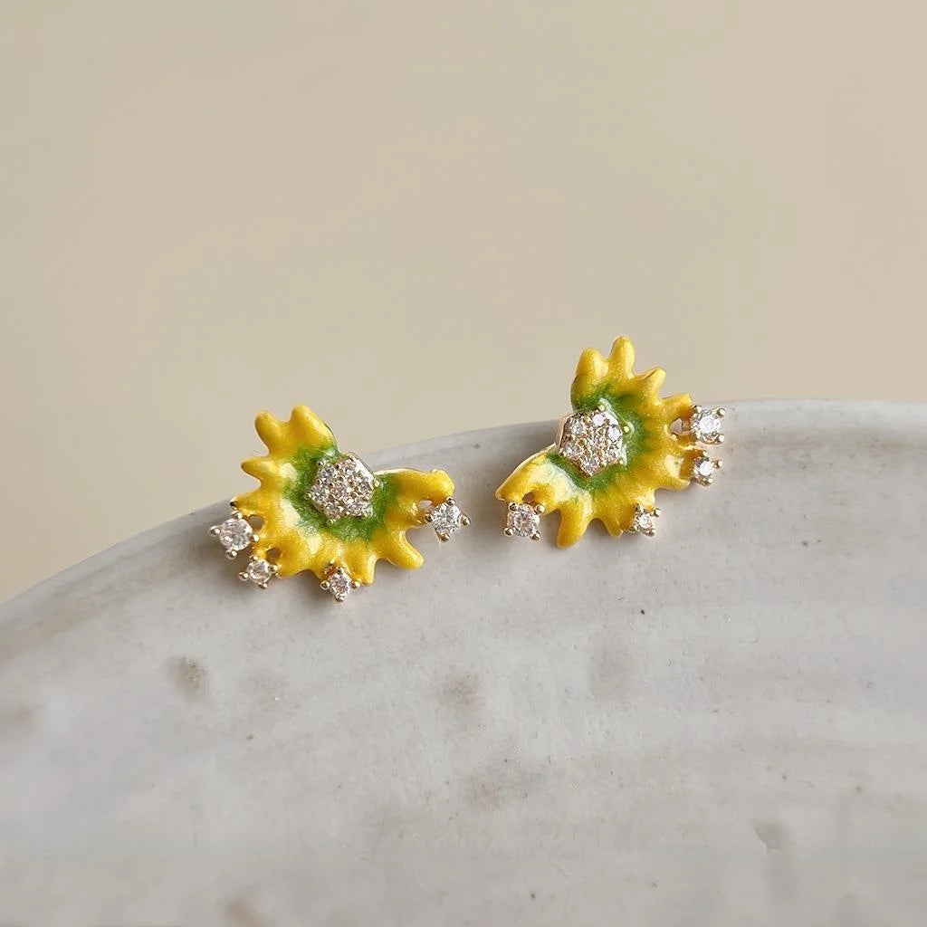 Hand Painted Sunflower Stud Earrings Micro Pave Zircon Copper Fashion Jewelry