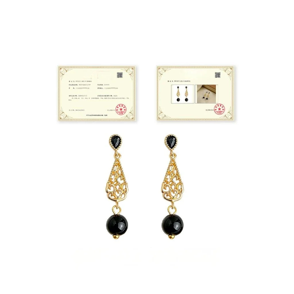 Vintage Floral Teardrop Tassel Drop Earrings With Copper, Black Agate, Zircon