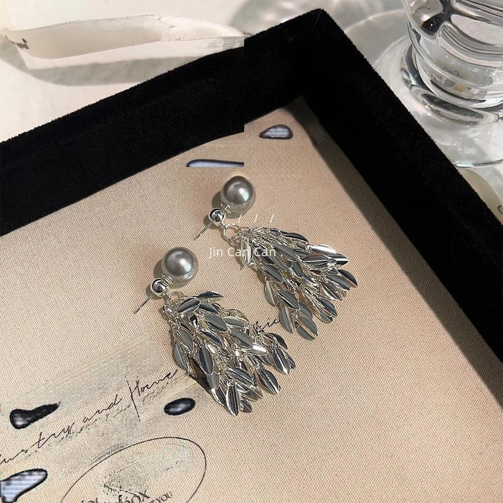 Two Way Shimmering Leaf Tassel Drop Earrings Copper Glass Pearl Light Luxury Jewelry