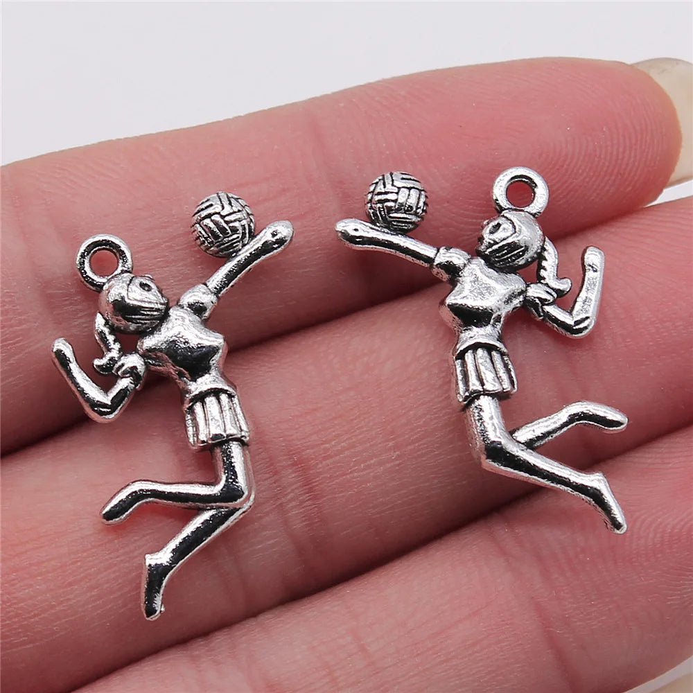 24x26mm 2.5g Antique Silver Zinc Alloy Volleyball Player Charm Pendant for DIY Sports Jewelry Making
