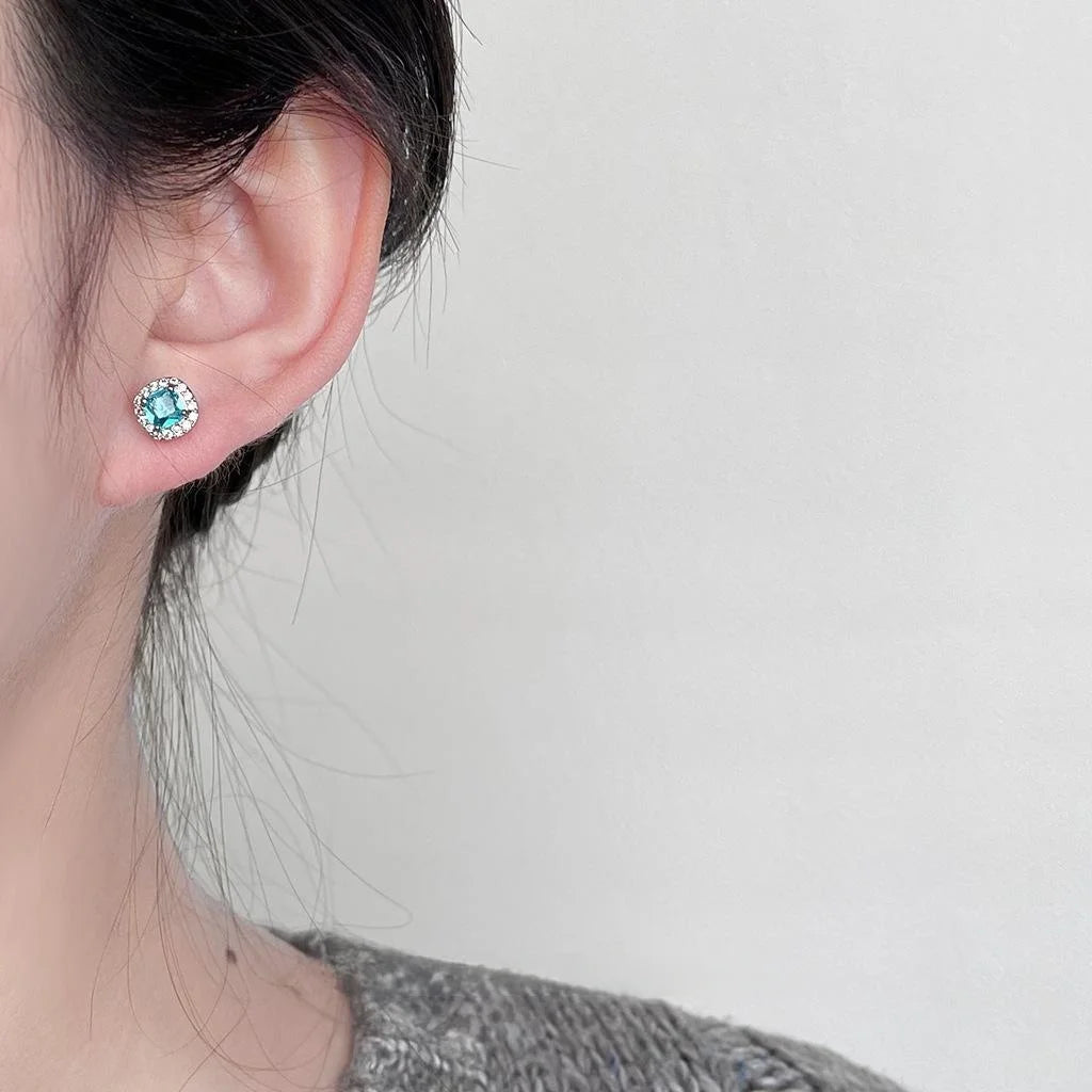 Minimalist Aqua Blue Square Geometric Zircon Stud Earrings Copper Fashion Jewelry