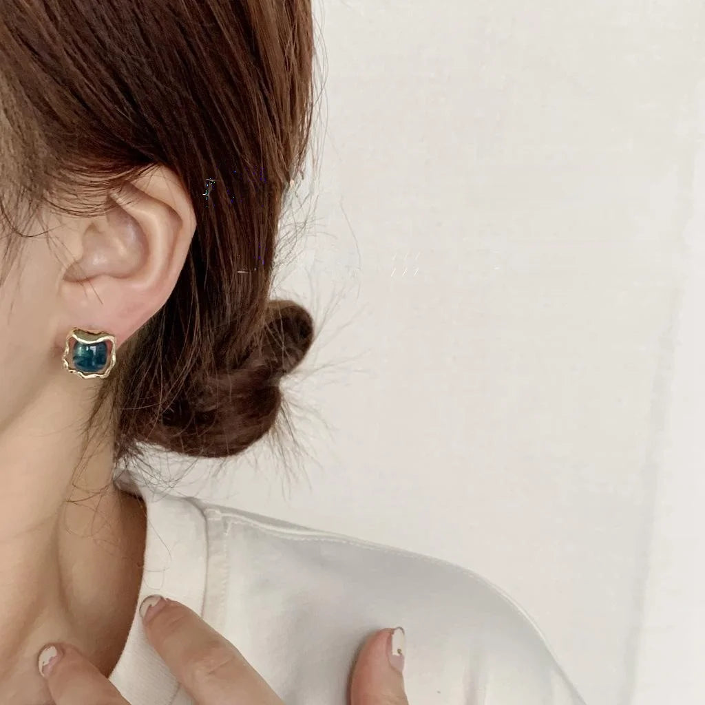 Haze Blue Vintage Square Alloy Resin 14K Plated Hollow Geometric Stud Earrings