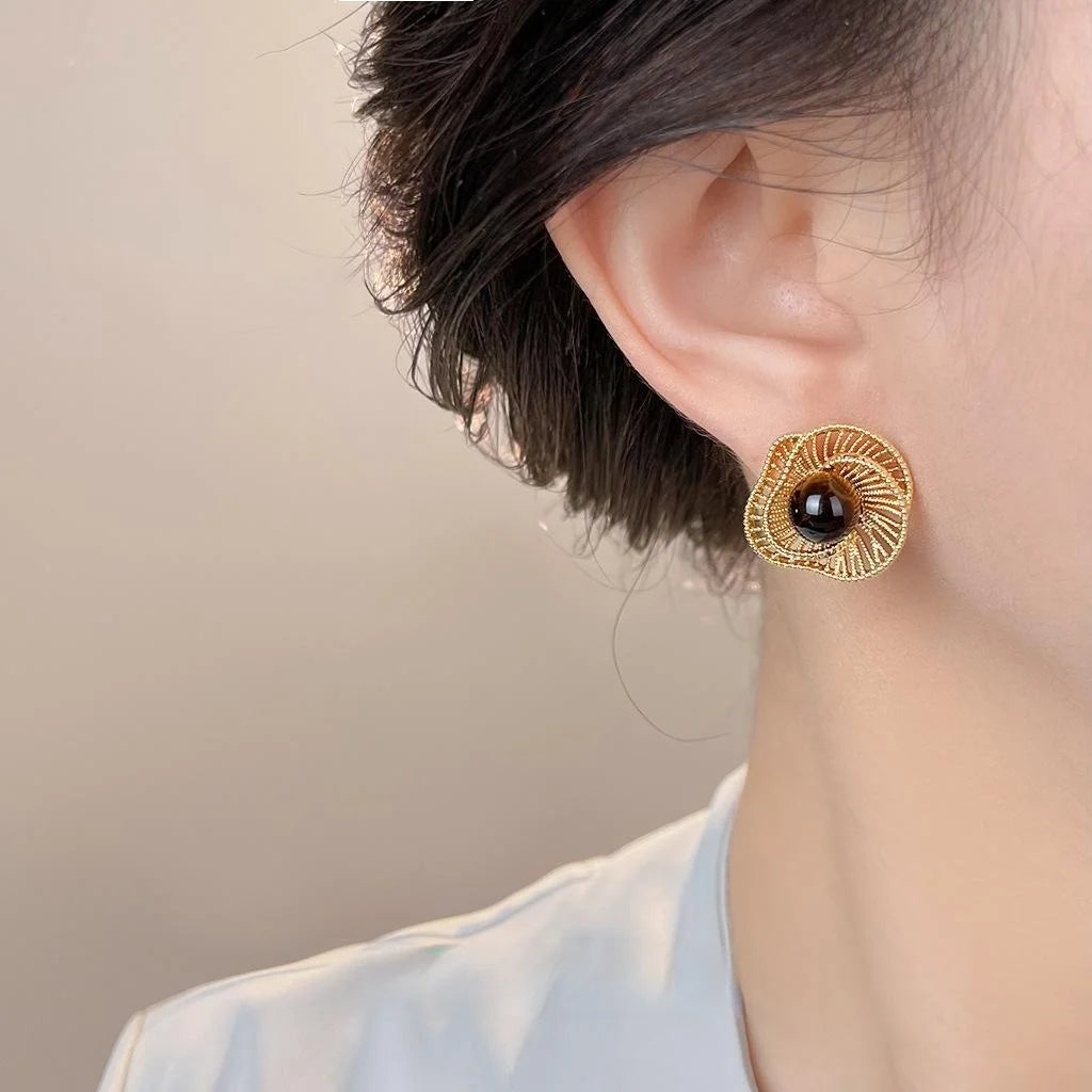 Maillard Style Vintage Tiger Eye Stone Geometric Hollow Flower Drop Earrings