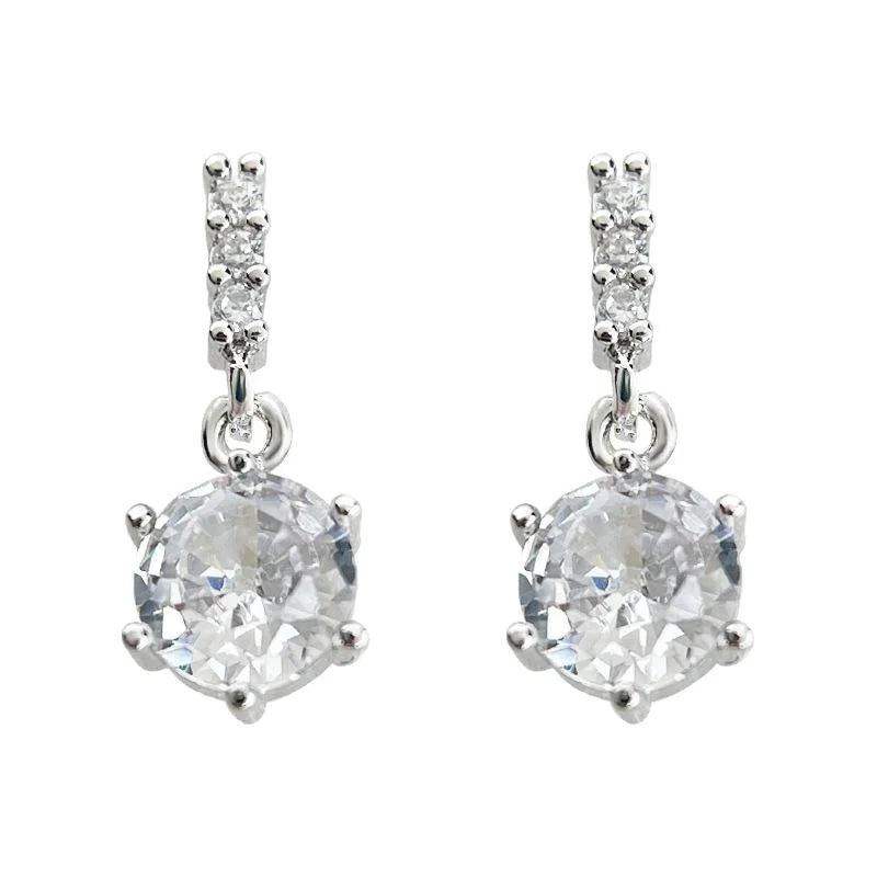 Light Luxury Geometric Round Zircon Micro Pave Silver Plated Pin Drop Earrings For Women