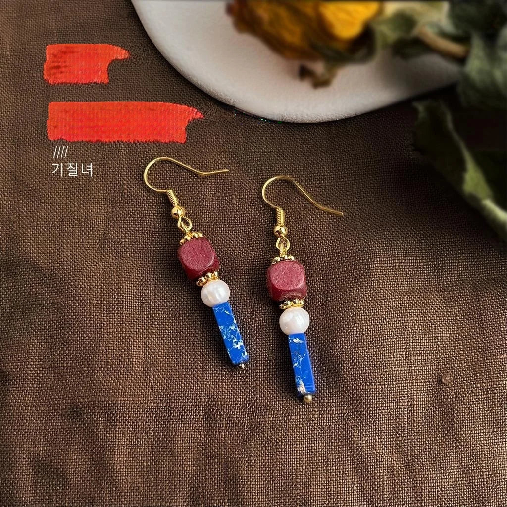Vintage Ethnic Handmade Geometric Drop Earrings With Freshwater Pearls And Synthetic Imperial Jasper