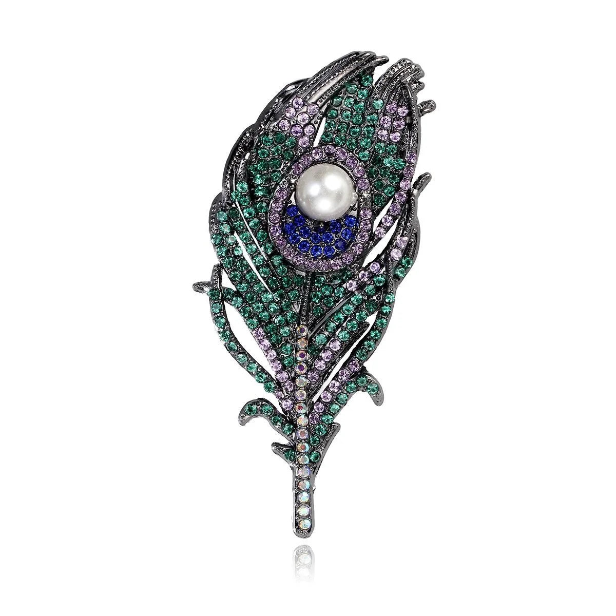 Vintage Peacock Feather Eye Brooch With Pearl And Green Rhinestones, Luxury Lapel Pin Suit Accessory
