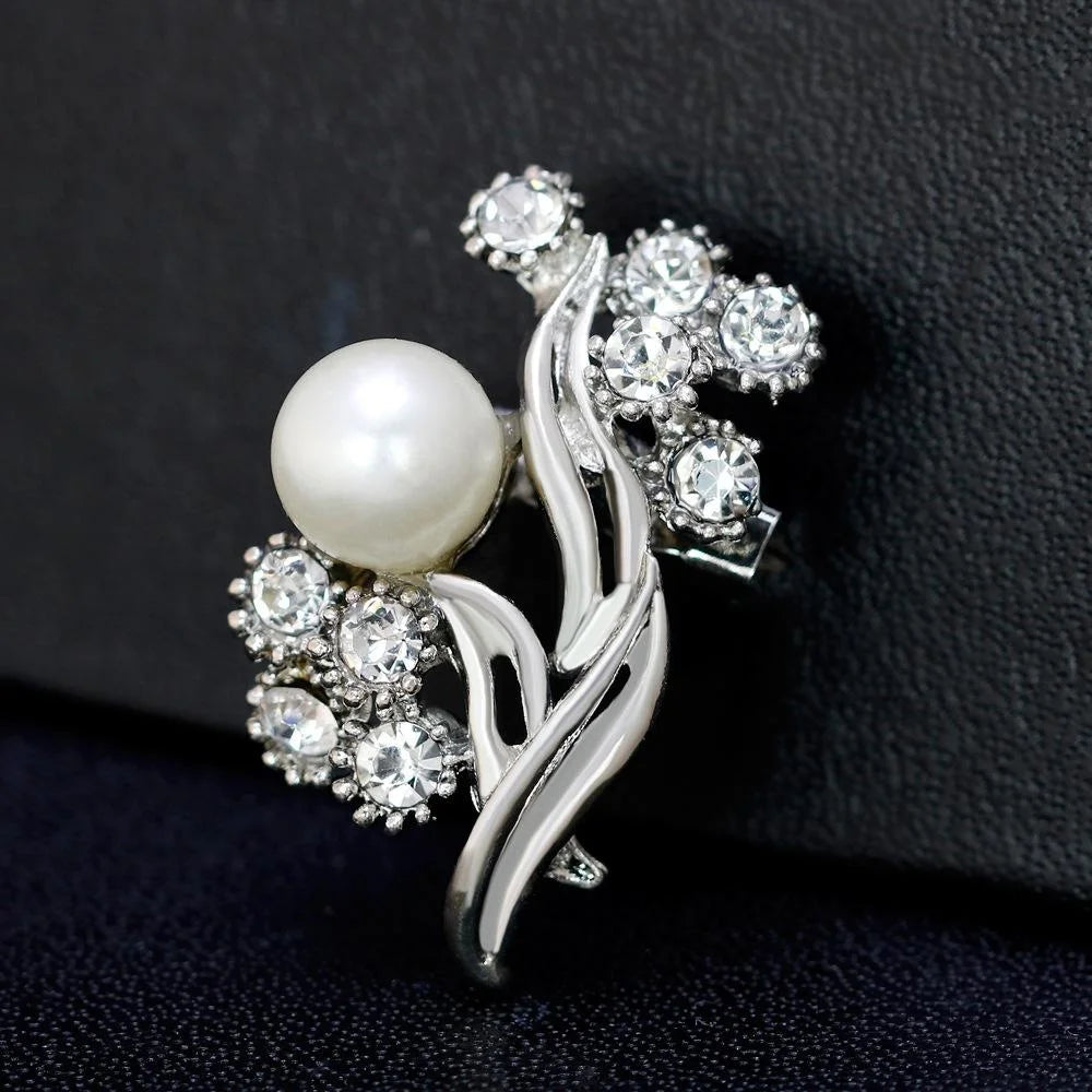 Elegant Pearl And Rhinestone Leaf Flower Alloy Brooch For Women, Luxury Lapel Pin Corsage Suit Accessory
