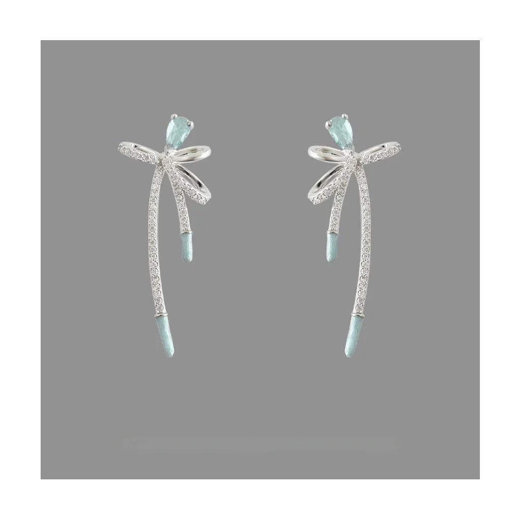 Original Design Sea Blue Zircon Micro Pave Bowknot Copper Long Drop Earrings Sweet Elegant Jewelry