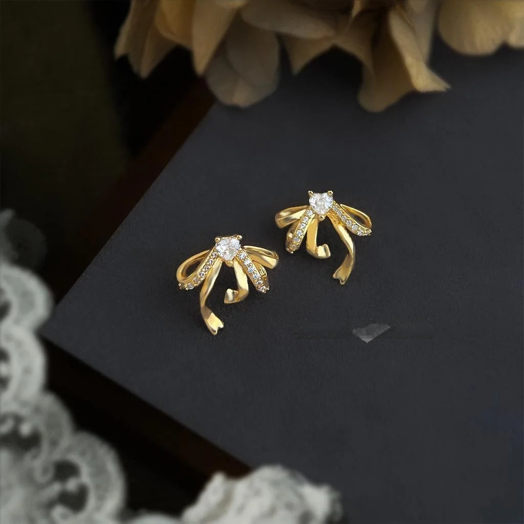 Micro Pave Zircon Heart Bow Stud Earrings, Copper 3D Ribbon Luxury Jewelry
