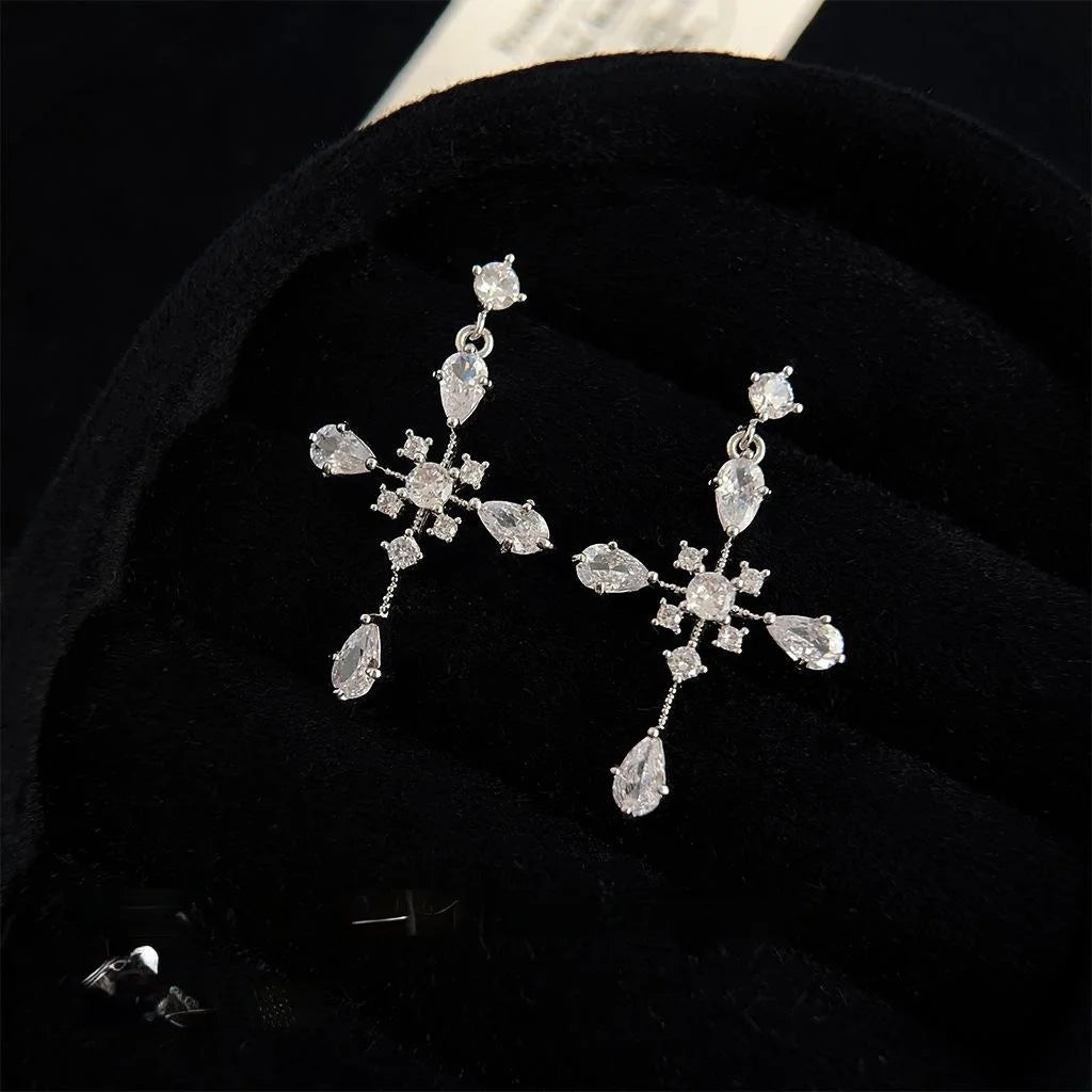Trendy Style Cross Zircon Copper Drop Earrings For Women