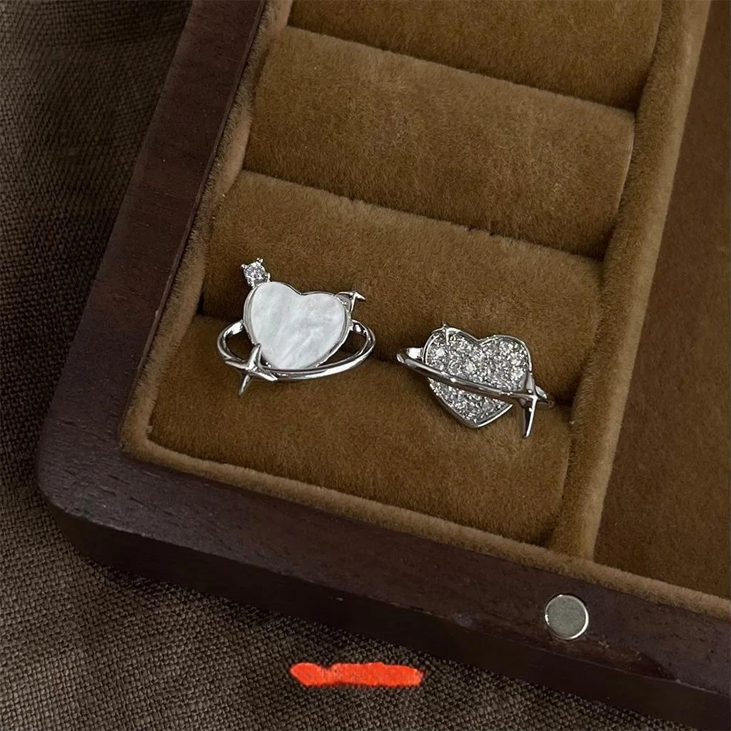 Sweet Cool Asymmetric Heart Planet Micro Pave Zircon Stud Earrings