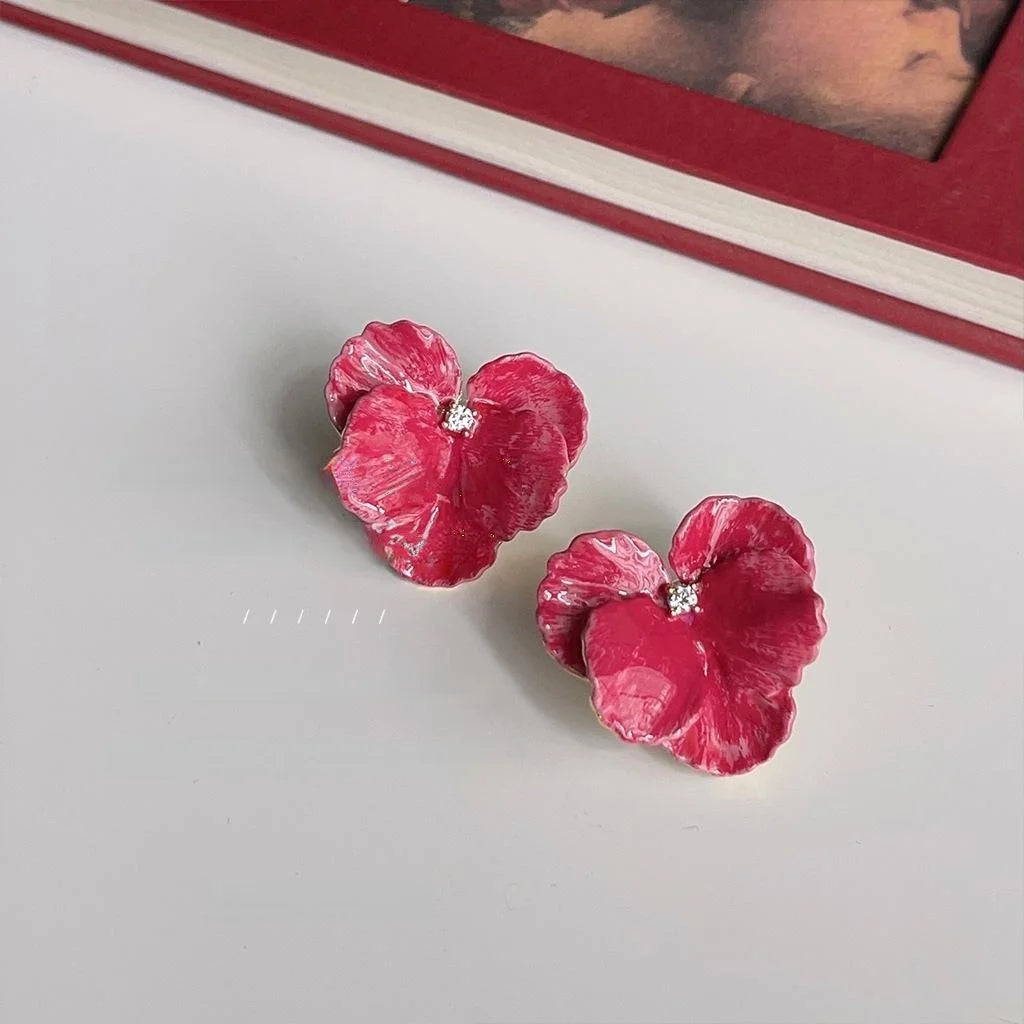 Clip On Copper Flower Drop Earrings Handmade Enamel Korean Japanese Statement Jewelry