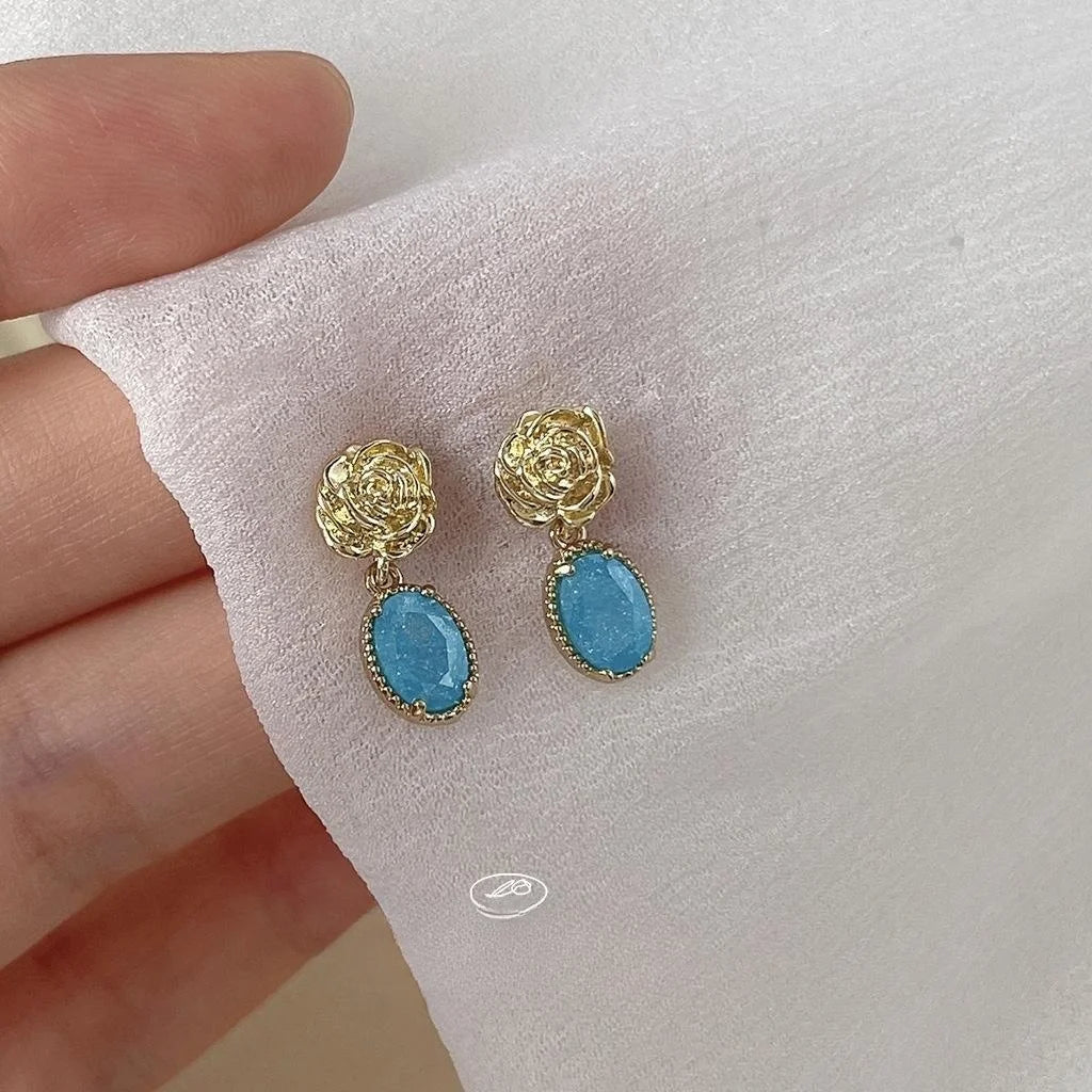 14K Rose Gold Plated Copper Rose Flower Zircon Stud Earrings Mini Fresh Style