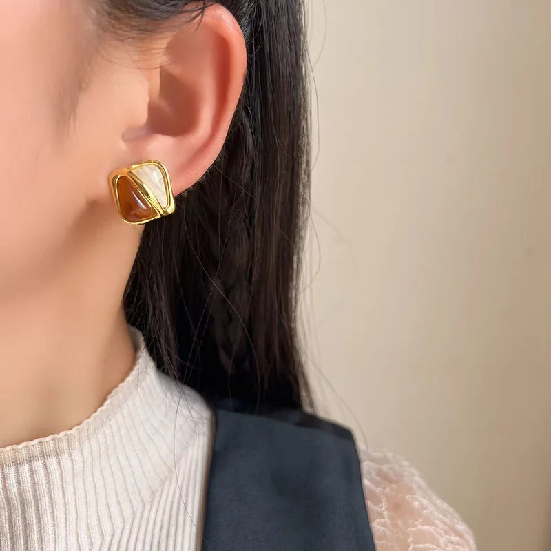 Elegant Geometric Square Alloy Enamel Maillard Stud & Clip On No Piercing Commuter Statement Earrings