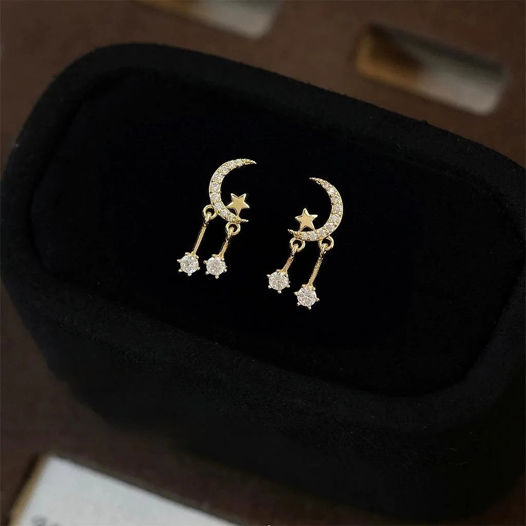 14K Gold Plated Copper Moon Star Zircon Stud Earrings Minimalist Designer Jewelry