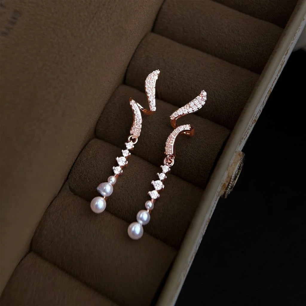 Elegant Long Waterdrop Tassel Drop Earrings With Copper, Lustrous Pearl And Pave Zircon