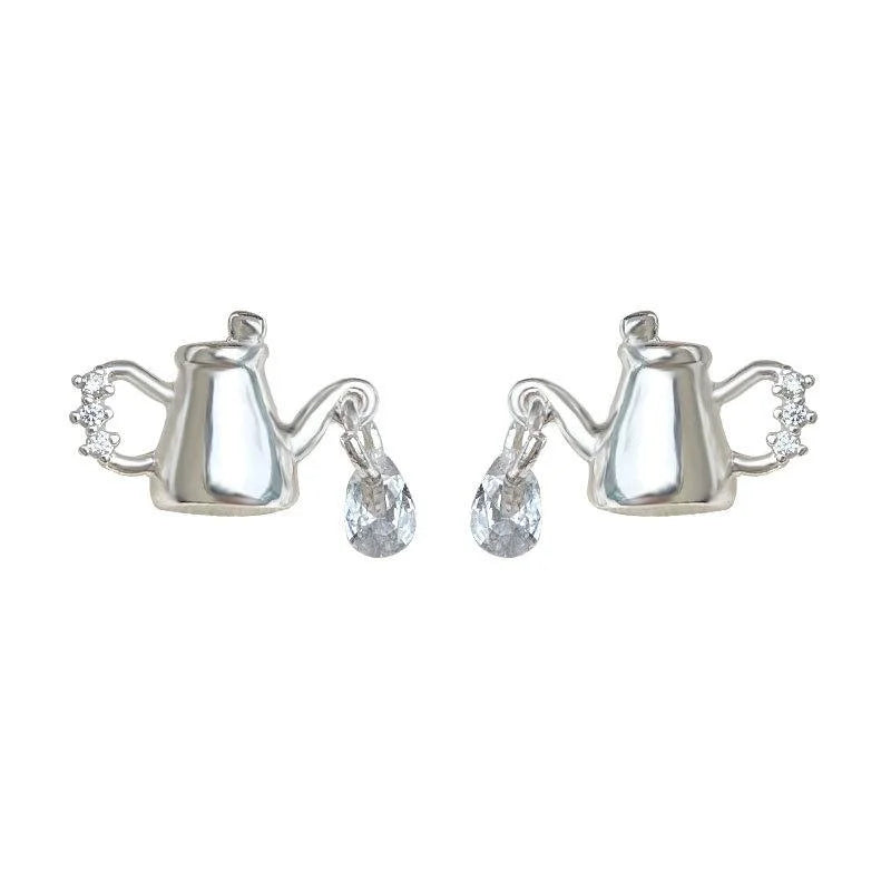 Style Eco-Friendly Copper Silver Plated Pin Watering Can Water Drop Stud Earrings