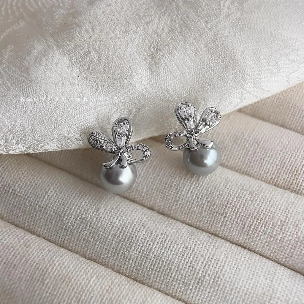 Luxury Bow Butterfly Stud Earrings With Micro Pave Zircon And Gray Glass Pearl Copper