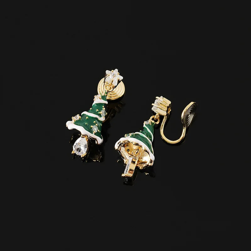 Elegant Green Enamel Christmas Tree Zircon Dangle Stud & Clip On No Piercing Holiday Earrings
