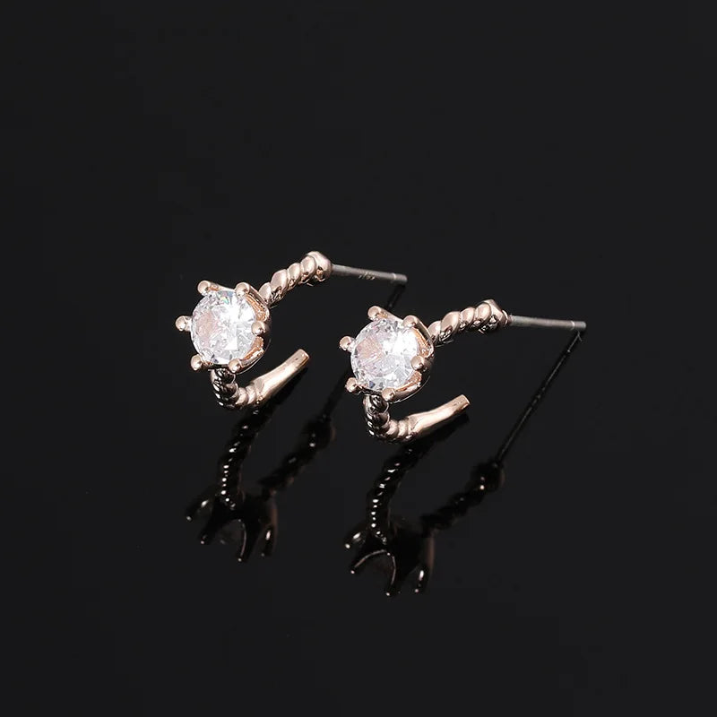 Elegant Zircon Spiral Disc Hoop Stud & Clip On No Piercing Rose Gold Plated Minimalist Women's Earrings