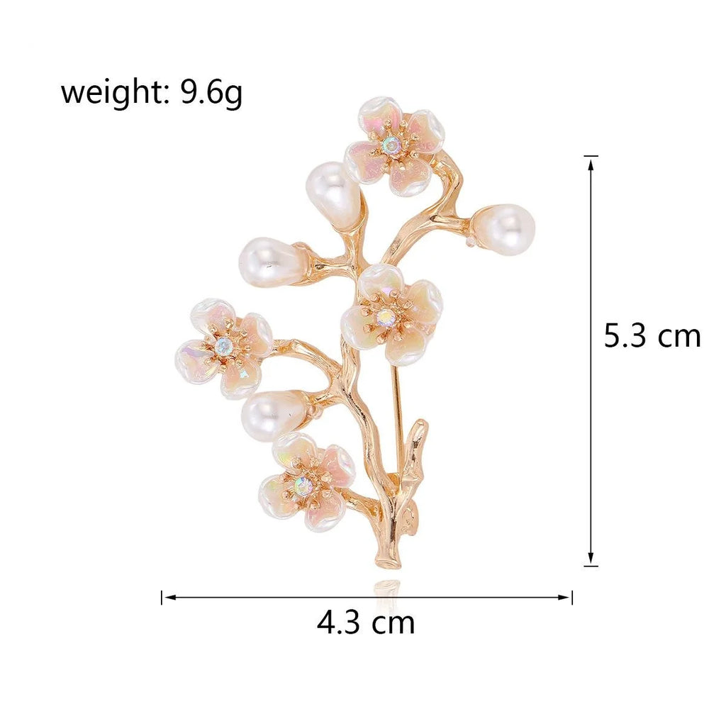 Elegant Peach Blossom Branch Brooch With Faux Pearl And Rhinestone Flowers, Gold Alloy Lapel Pin Gift