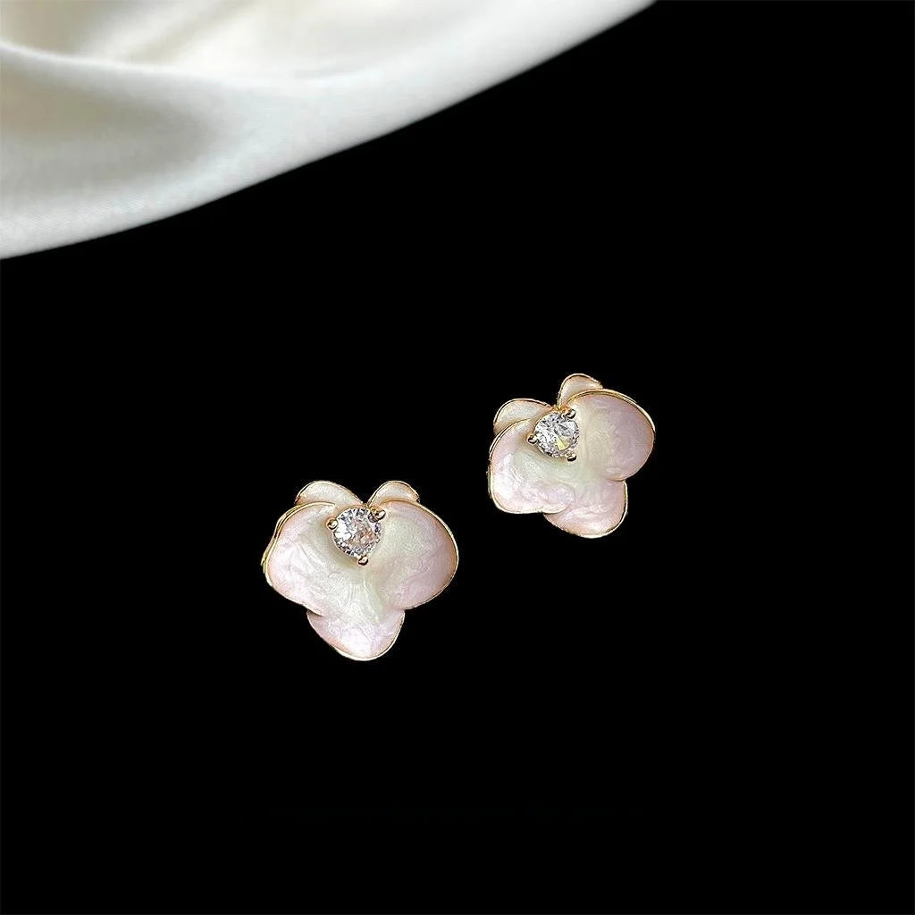 New Chinese Pink Gradient Drip Glaze Enamel Orchid Stud Earrings With Zircon Floral Petal Design