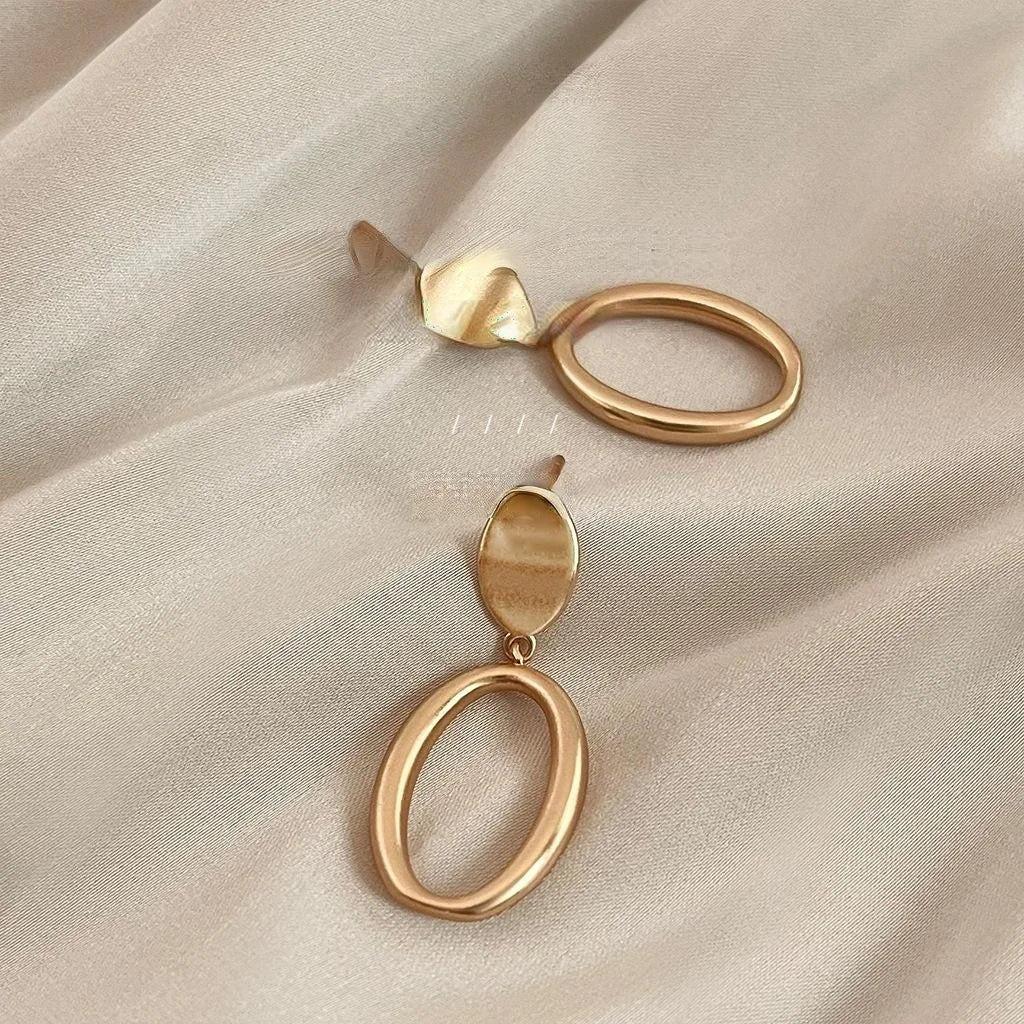 French Elegant Matte Brushed Copper Geometric Hollow Oval Hoop Drop Earrings For Women