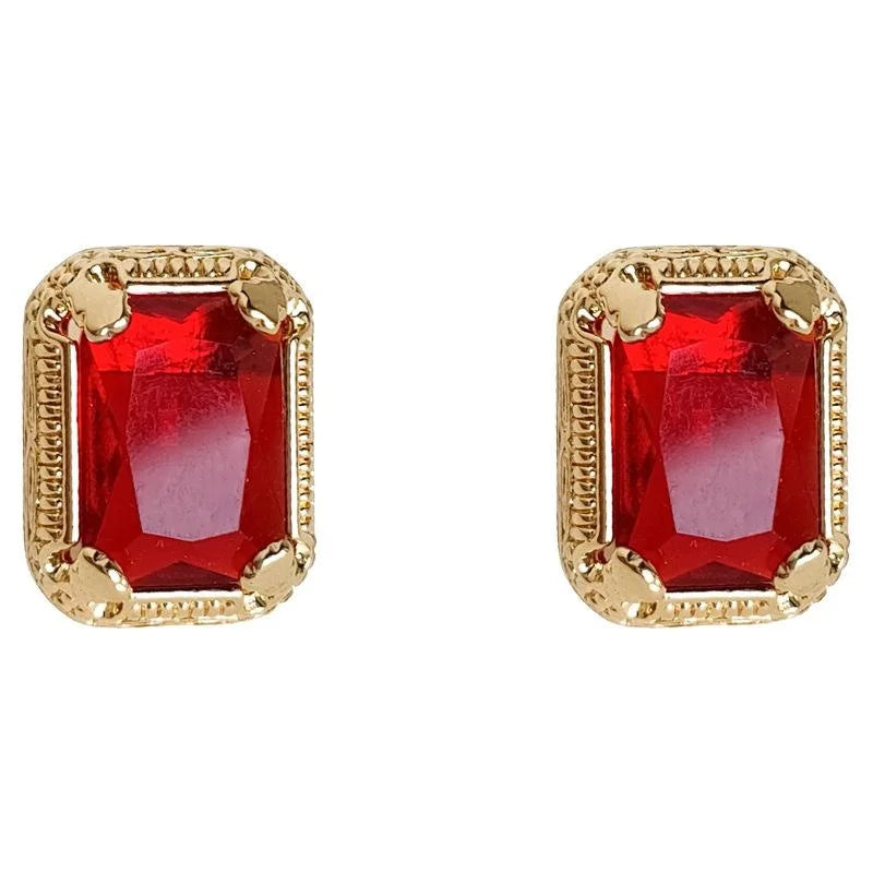 Vintage French Palace Red Glass Crystal Geometric Square Window Frame Stud Earrings