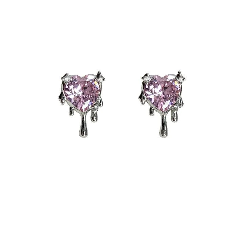 Sweet Cool Liquid Pink Zircon Heart Copper Stud Earrings Minimalist Designer Jewelry