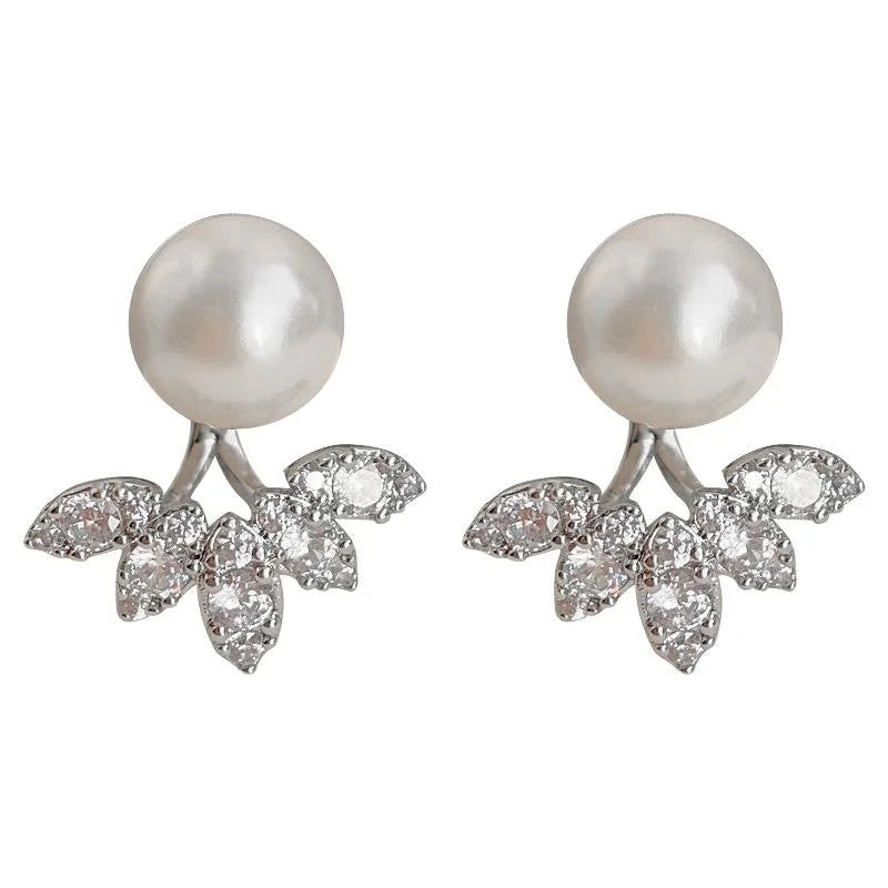 Micro Pave Zircon Leaf Flower Copper Glass Pearl Drop Earrings Two Way Luxury Style