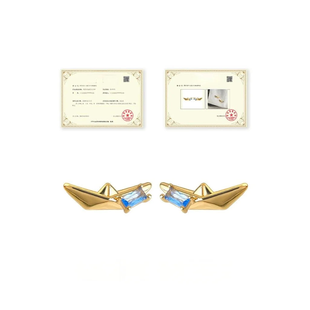Geometric Boat Stud Earrings With Aquamarine Zircon, Copper Silver Plated High End Creative Jewelry