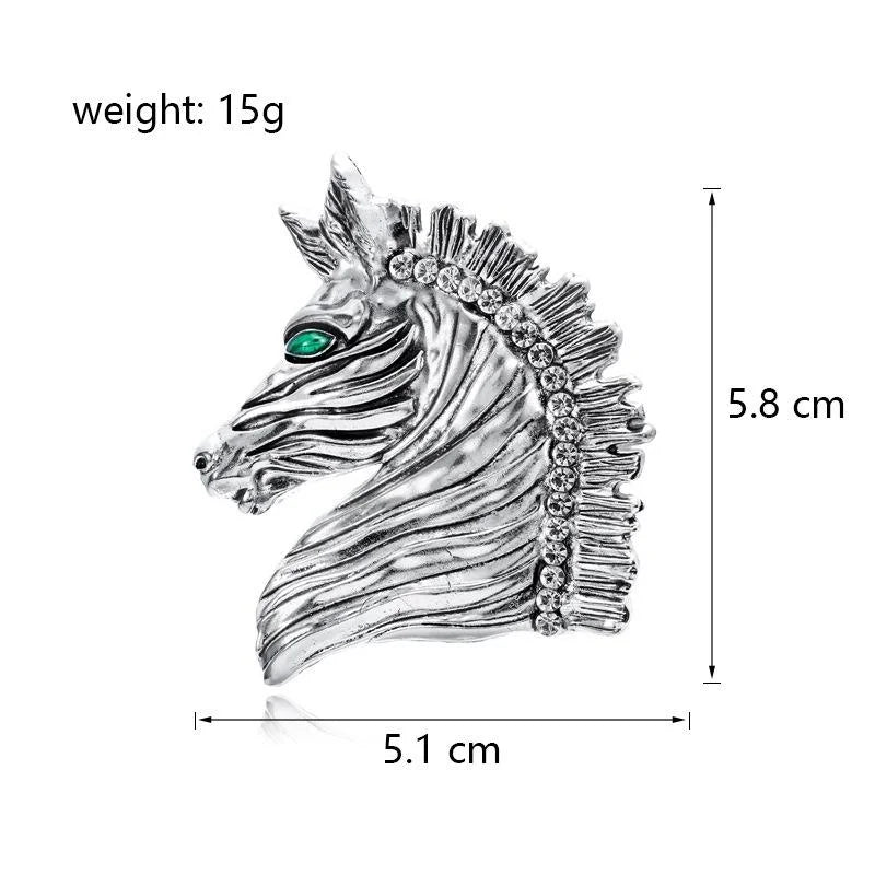 Vintage Silver Alloy Horse Head Brooch With Rhinestone Mane And Green Eye, Elegant Lapel Pin Suit Accessory