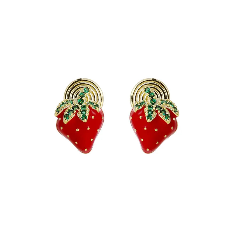 Cute Red Strawberry Gold Tone Enamel Rhinestone Luxury Fruit Stud & Clip On No Piercing Earrings