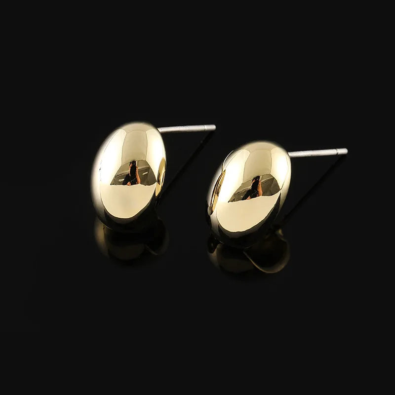 Elegant Smooth Gold Alloy Bean Oval Stud & Clip On No Piercing Minimalist Women's Fashion Earrings