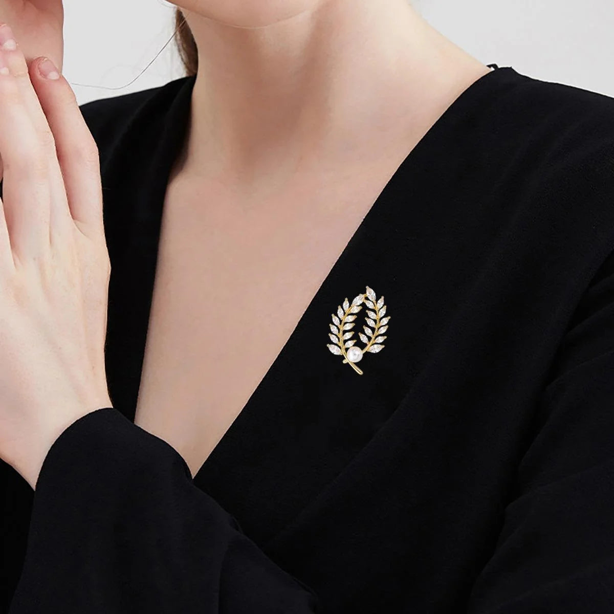 Luxury Wheat Leaf Rhinestone Pearl Alloy Brooch For Women, Elegant Lapel Pin Corsage Suit Accessory