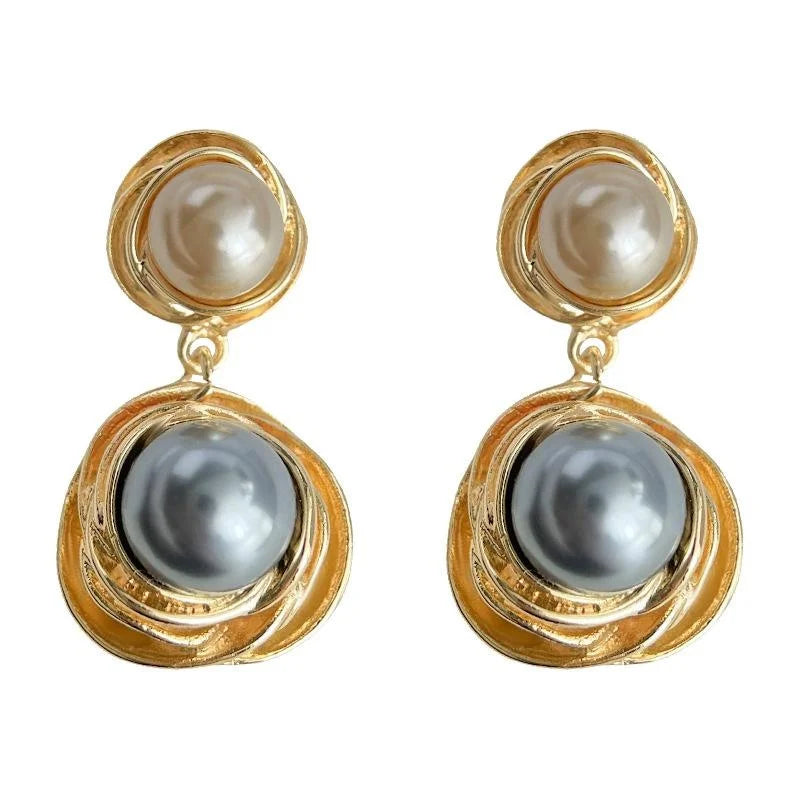 Vintage Hong Kong Style 14K Plated Round Geometric Pearl Drop Earrings For Women
