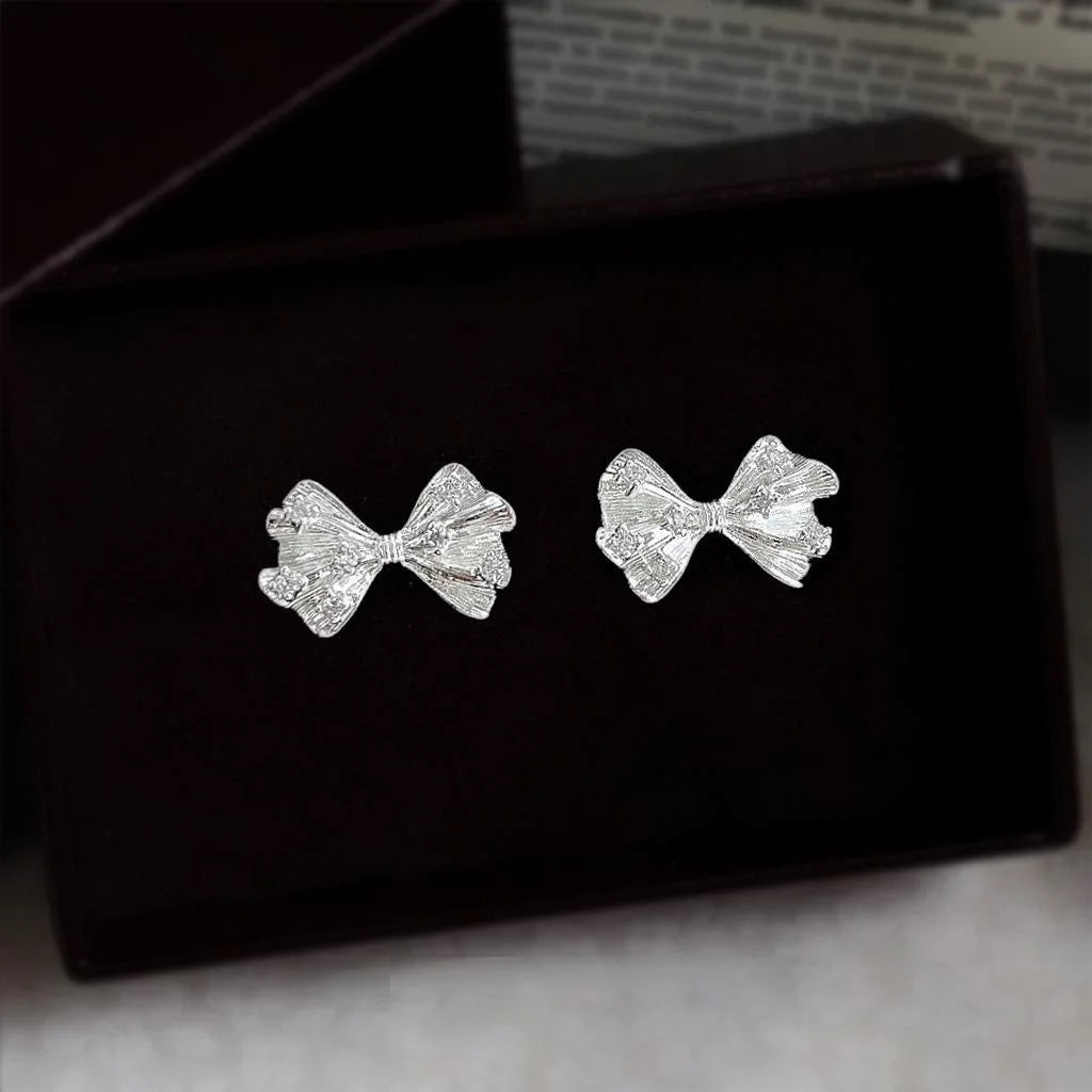 Silver Plated Copper Micro Pave Zircon Bow Stud Earrings Sweet Minimalist Geometric Jewelry