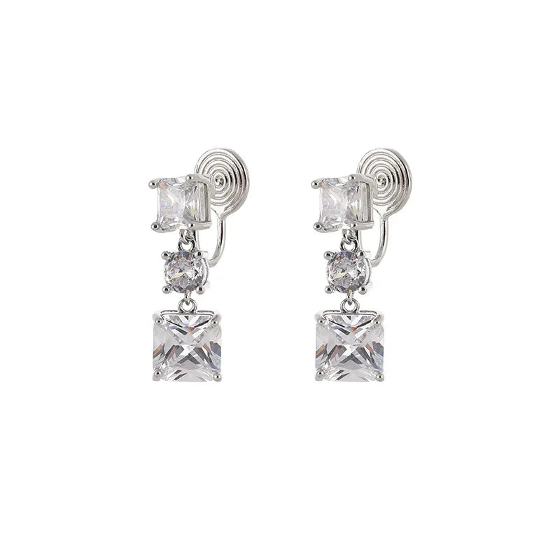 Luxury Princess Cut Square Zircon Crystal Geometric Drop Stud & Clip On No Piercing Long Dangle Earrings