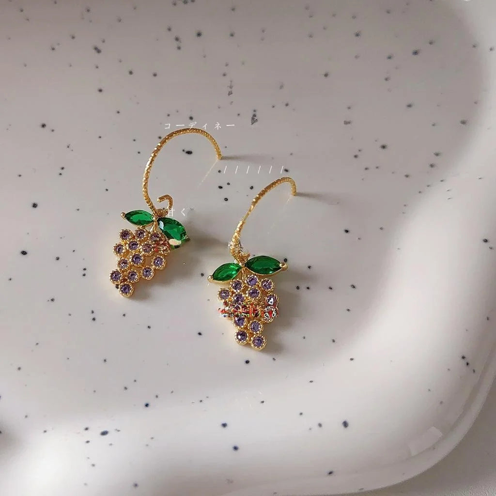 14K Gold Plated Copper Micro Pave Zircon Grape Drop Earrings Cute Korean Forest Style Jewelry