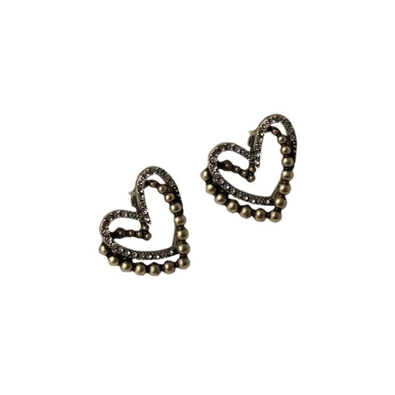 Vintage Antique Gold Copper Double Layer Heart Stud Earrings With Silver Plated Pins