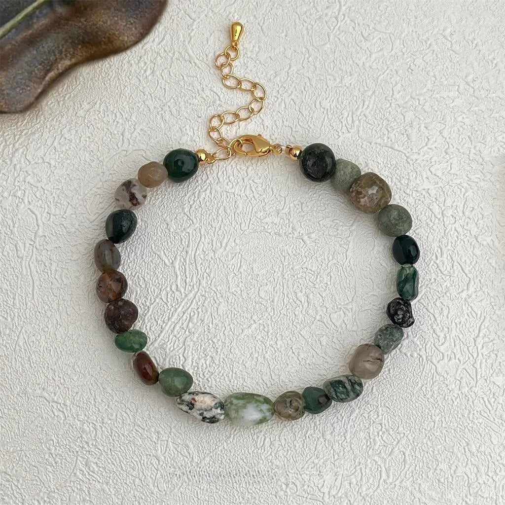 Handmade Moss Agate Bracelet Vintage Ethnic Irregular Geometric Natural Stone Jewelry
