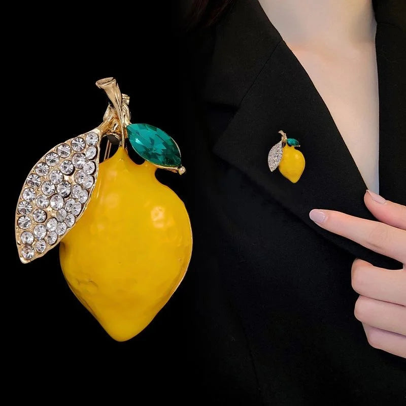 Cute Yellow Enamel Lemon Brooch With Rhinestone Leaf, Elegant Fruit Lapel Pin Corsage Suit Accessory Gift