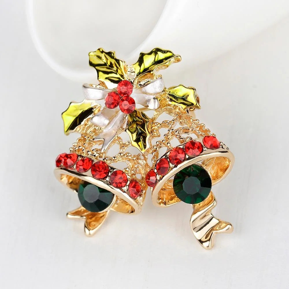 Luxury Gold Alloy Christmas Bell Brooch With Red Rhinestones, Enamel Holly Bow Lapel Pin Gift