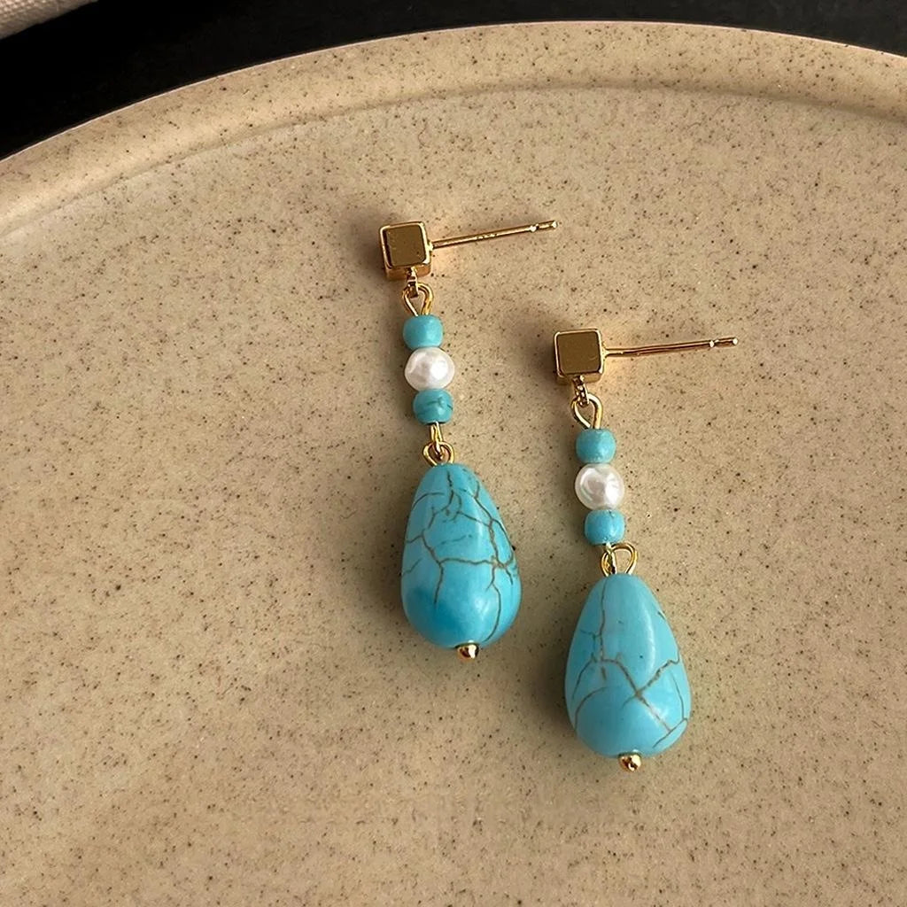 Vintage New Chinese Handmade Freshwater Pearl Synthetic Turquoise Teardrop Drop Earrings