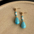 Vintage New Chinese Handmade Freshwater Pearl Synthetic Turquoise Teardrop Drop Earrings