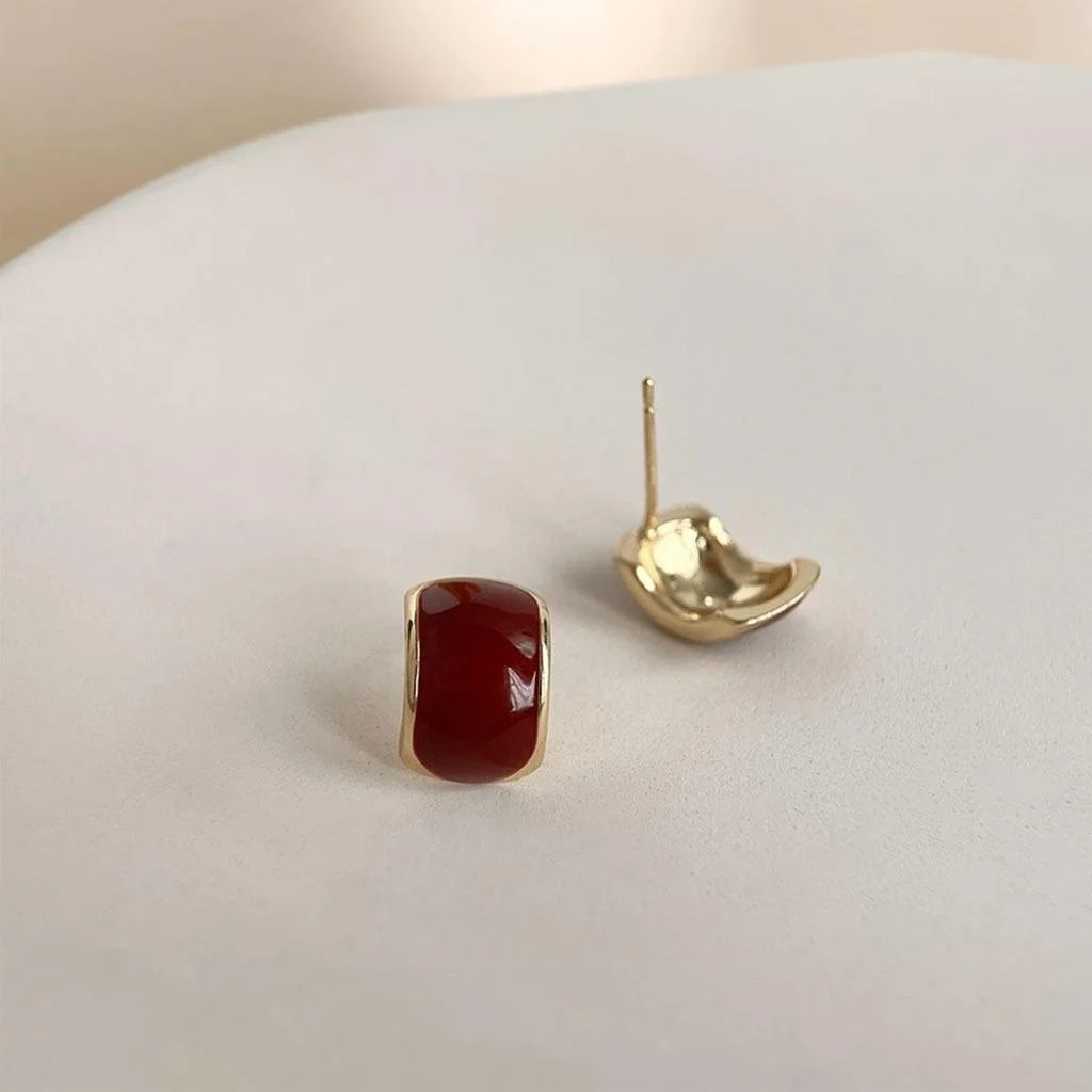 Hong Kong Style Vintage Burgundy Enamel Oval Copper 14K Plated Stud Earrings