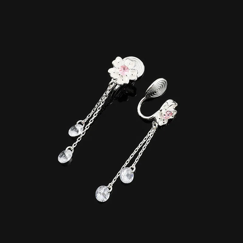 Elegant Pink Zircon Sakura Flower Long Tassel Alloy Stud & Clip On No Piercing Dangle Earrings