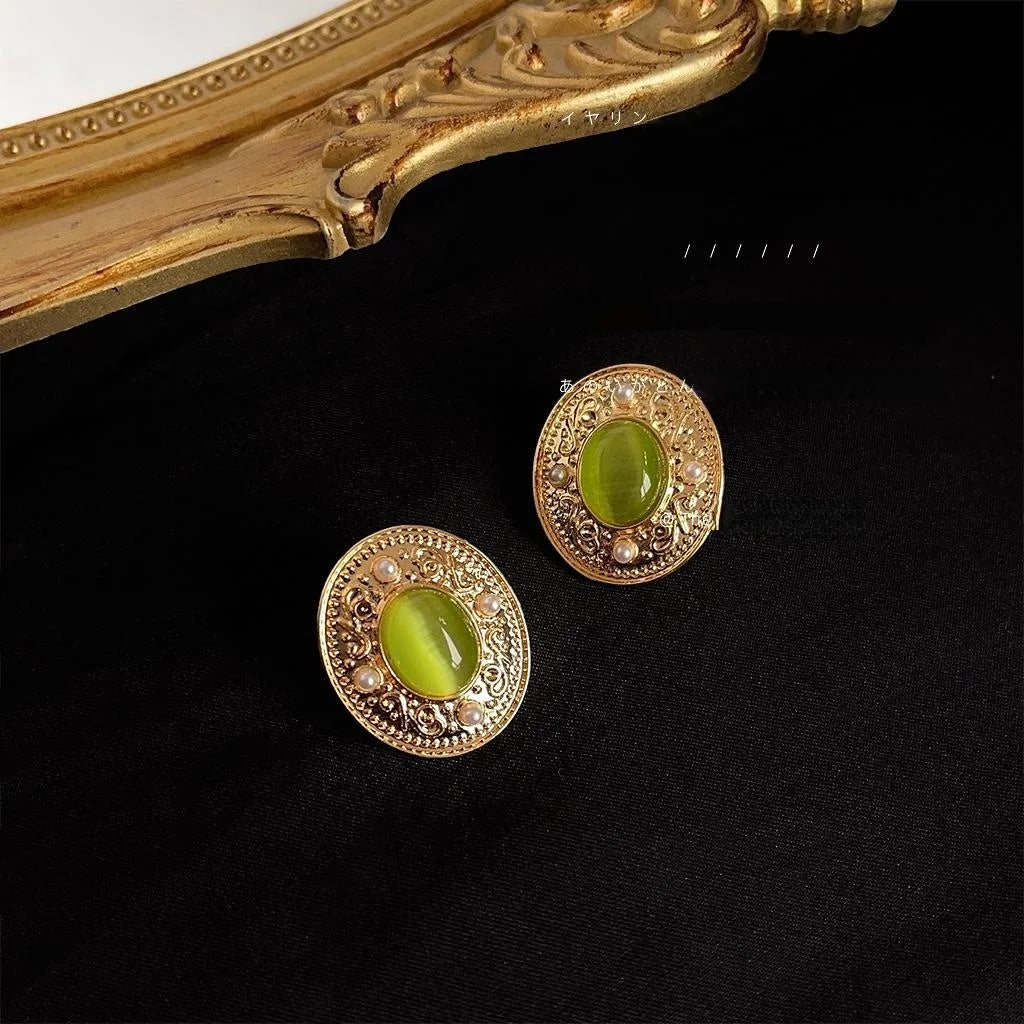 French Vintage Green Glass Cat Eye Oval Pearl Copper Stud Earrings Elegant Geometric Jewelry
