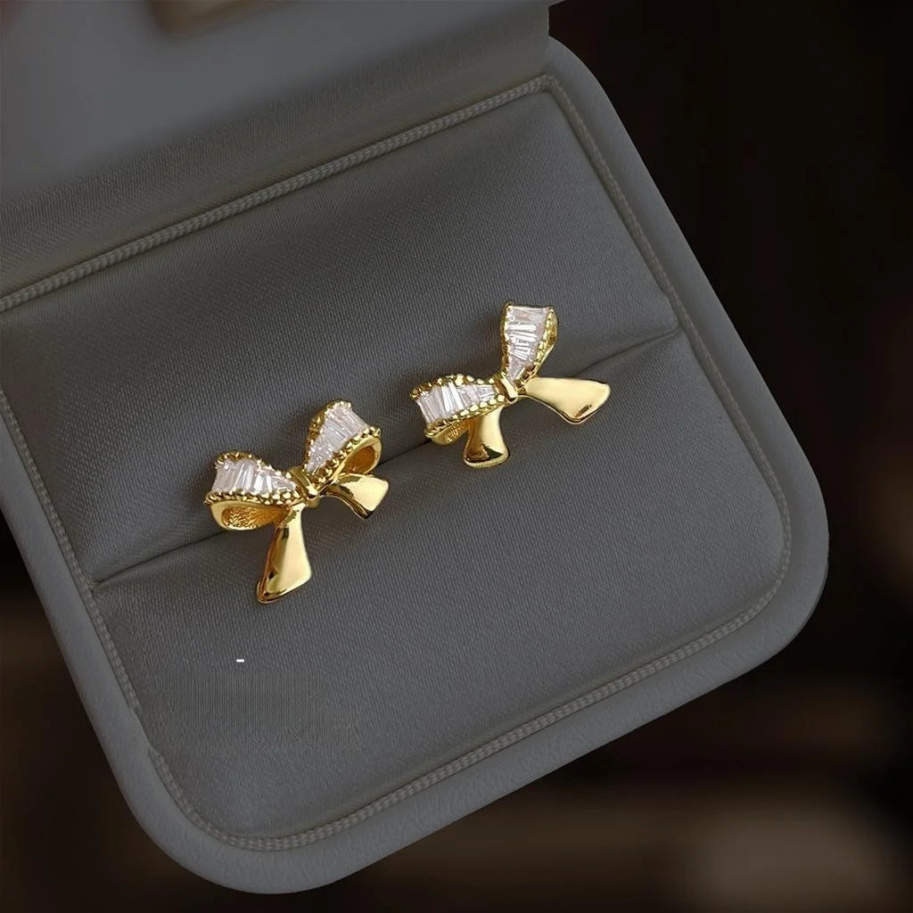 14K Gold Plated Copper Micro Pave Zircon Bow Stud Earrings Light Luxury Minimalist Jewelry