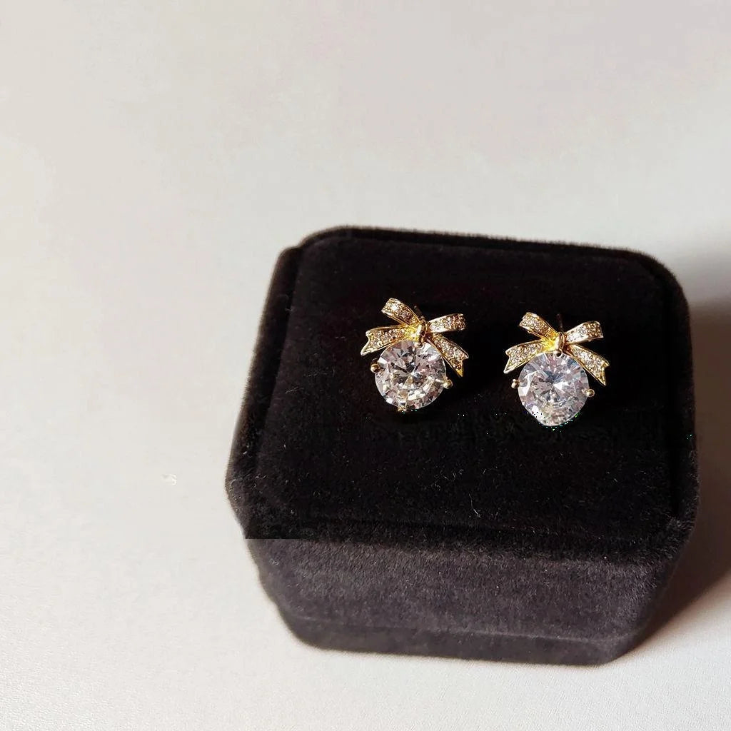 Elegant Bow Zircon Micro Pave Copper Stud Earrings For Women, Light Luxury Commuter Jewelry